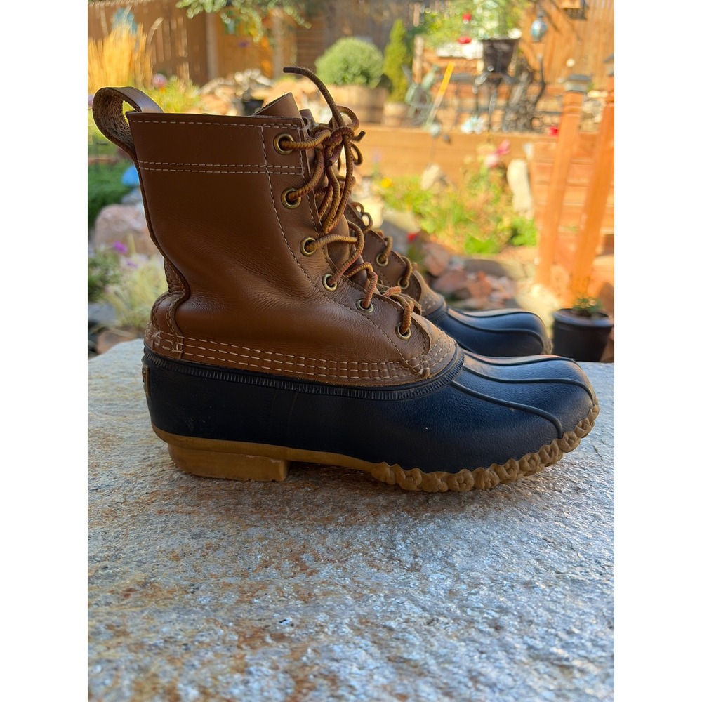 LL Bean 8 Inch Duck Boots Mens 9 Brown Navy Leather Waterproof Rain Snow Maine